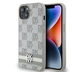DKNY PU-Leder-Rückseite mit Karomuster und Streifen für Apple iPhone 15, Beige