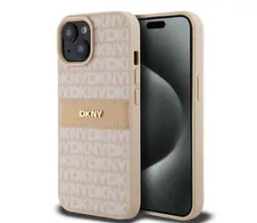 DKNY PU-Leder-Rückseite mit Ton-in-Ton-Streifenmuster für Apple iPhone 15, Rosa