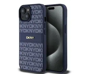 DKNY PU-Leder-Rückseite mit Ton-in-Ton-Streifenmuster für Apple iPhone 15, Blau