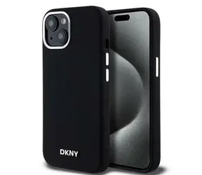 DKNY Liquid Silicone Silver Metal Logo Magsafe Back Cover für Apple iPhone 15 Schwarz