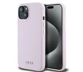 DKNY Liquid Silicone Silver Metal Logo Magsafe Back Cover für Apple iPhone 15 rosa