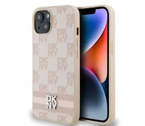 DKNY PU-Leder-Rückseite mit Karomuster und Streifen für Apple iPhone 14, Rosa