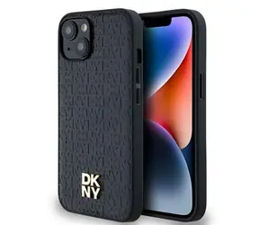 DKNY PU Leder Repeat Pattern Stack Logo Magsafe Back Cover für Apple iPhone 14 Schwarz