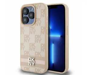 DKNY PU-Leder-Rückseite mit Karomuster und Streifen für Apple iPhone 13 Pro, Rosa