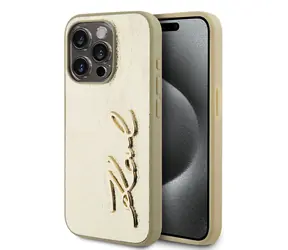 Karl Lagerfeld Wrinkled PU Signature Logo Back Cover für Apple iPhone 15 Pro Max Gold