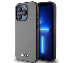 DKNY Magsafe-Rückseite aus PU-Leder mit silbernem Logo für Apple iPhone 15 Pro Max in Grau
