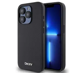 DKNY Magsafe-Rückseite aus PU-Leder mit silbernem Logo für Apple iPhone 15 Pro Max, Schwarz