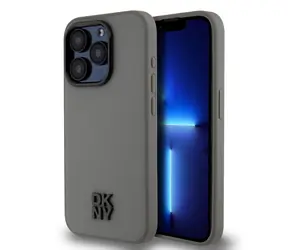 DKNY PU-Leder Stack Logo Magsafe Backcover für Apple iPhone 15 Pro Grau