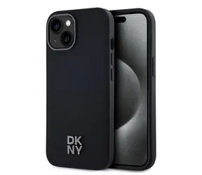 DKNY PU-Leder Stack Logo Magsafe Backcover für Apple iPhone 15 Schwarz