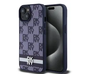 DKNY PU-Leder-Rückseite mit Karomuster und Streifen für Apple iPhone 15, Blau