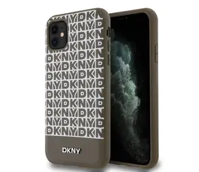 DKNY MagSafe-Rückseite aus PU-Leder mit wiederkehrendem Muster und Streifen auf der Unterseite für Apple iPhone 11, Braun