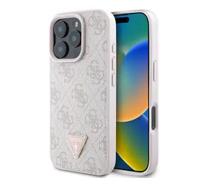 Guess PU 4G Strass Triangle Metal Logo Backcover für Apple iPhone 16 Pro Max Pink