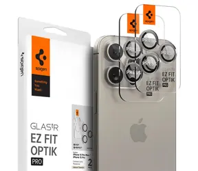 Spigen Glass tR EZ Fit Optik Pro Kameraobjektiv-Schutzglas für Apple iPhone 15 Pro/15 Pro Max natürliches Titan 2 Stück