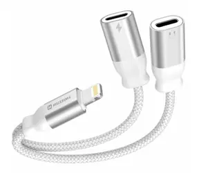 Swissten TEXTILE Lade-Audio-Adapter Lightning (M) - 2x Lightning (F) 0,12 m weiß
