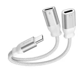 Swissten TEXTILE Lade-Audio-Adapter USB-C (M) - 2x USB-C (F) 0,12 m weiß