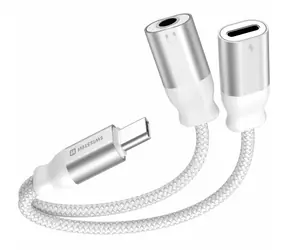 Swissten TEXTILE Lade-Audioadapter USB-C (M) - USB-C (F) - 3,5-mm-Klinke 0,12 m weiß