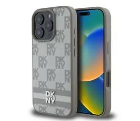 DKNY PU-Leder-Rückseite mit Karomuster und Streifen für Apple iPhone 16 Pro, Beige