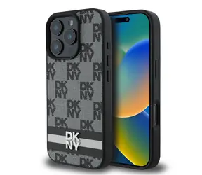 DKNY PU-Leder-Rückseite mit Karomuster und Streifen für Apple iPhone 16 Pro, Schwarz