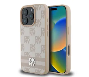 DKNY PU-Leder-Rückseite mit Karomuster und Streifen für Apple iPhone 16 Pro, Rosa