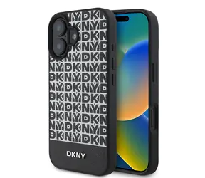 DKNY MagSafe-Rückseite aus PU-Leder mit wiederkehrendem Muster und Streifen auf der Unterseite für Apple iPhone 16 PLUS , Schwarz