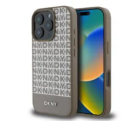 DKNY MagSafe-Rückseite aus PU-Leder mit wiederkehrendem Muster und Streifen auf der Unterseite für Apple iPhone 16 Pro, Braun