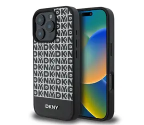 DKNY MagSafe-Rückseite aus PU-Leder mit wiederkehrendem Muster und Streifen auf der Unterseite für Apple iPhone 16 Pro Max, Schwarz