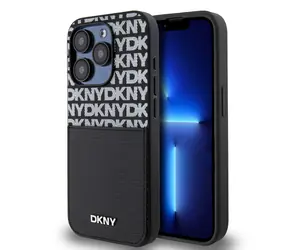 DKNY PU-Leder-Rückseite mit Kartenfach und Wiederholungsmuster für Apple iPhone 15 Pro, Schwarz