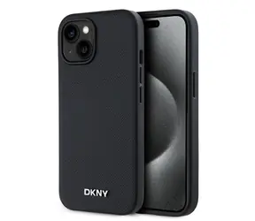 DKNY Magsafe-Rückseite aus PU-Leder mit silbernem Logo für Apple iPhone 13, Schwarz