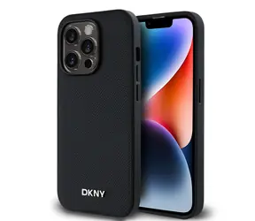 DKNY Magsafe-Rückseite aus PU-Leder mit silbernem Logo für Apple iPhone 14 Pro, Schwarz