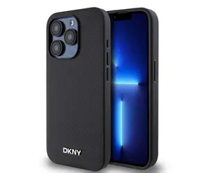 DKNY Magsafe-Rückseite aus PU-Leder mit silbernem Logo für Apple iPhone 15 Pro, Schwarz