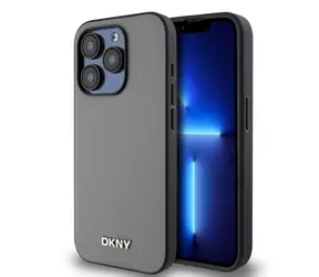 DKNY PU-Leder-Silber-Metall Logo -Magsafe-Rückseite für Apple iPhone 15 Pro Grau