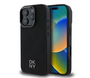 DKNY PU-Leder Stack Logo Magsafe Backcover für Apple iPhone 16 Pro Schwarz