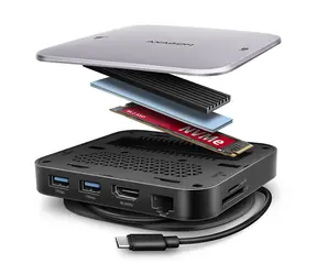 Axagon HMC-UFO, USB-Hub (10 Gbit/s), 2x USB-A, USB-C, HDMI 4K/60, RJ-45, M.2-Steckplatz, SD/mSD, Audio, PD 100 W, 65 cm langes USB-C-Kabel