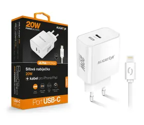 Aligator USB-C PD 20W Schnellladegerät mit USB-C/Lightning Kabel (iPhone) / weiß