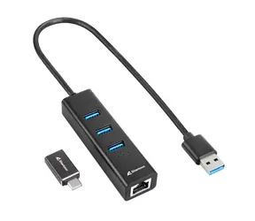 Sharkoon 3- Port USB 3.2 Gen 1 Alu Hub + Ethernet schwarz / 3x USB-A 3.2 / 1x RJ-45