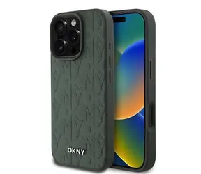 DKNY PU-Leder Gittermuster Magsafe Back Cover für iPhone 16 Pro Grün