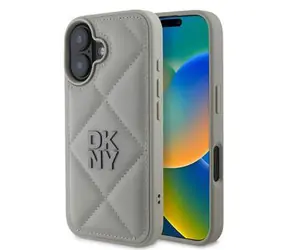 DKNY PU-Leder gestepptes Stack Logo Backcover für iPhone 16 PLUS Grau