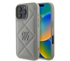 DKNY PU-Leder gestepptes Stack Logo Backcover für iPhone 16 Pro Grau