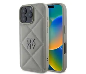 DKNY PU-Leder gestepptes Stack Logo Backcover für iPhone 16 Pro Max, Grau