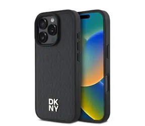 DKNY PU-Leder Repeat Pattern Stack Logo MagSafe Back Cover für iPhone 16 Pro Max Schwarz