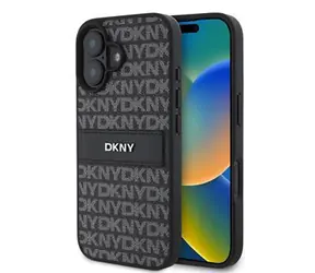 DKNY PU-Leder-Rückseite mit Wiederholungsmuster und farblich abgestimmten Streifen für iPhone 16 PLUS, Schwarz