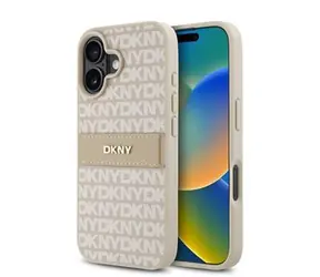 DKNY PU-Leder-Rückseite mit Wiederholungsmuster und farblich abgestimmten Streifen für iPhone 16 PLUS , Rosa