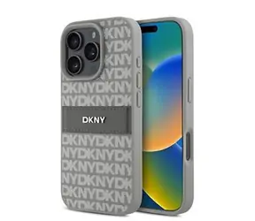DKNY PU-Leder-Rückseite mit Wiederholungsmuster und farblich abgestimmten Streifen für iPhone 16 Pro Max, Beige