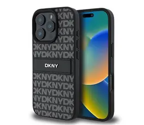 DKNY PU-Leder-Rückseite mit Wiederholungsmuster und farblich abgestimmten Streifen für iPhone 16 Pro Max, Schwarz