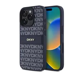 DKNY PU-Leder-Rückseite mit Wiederholungsmuster und farblich abgestimmten Streifen für iPhone 16 Pro Max, Blau