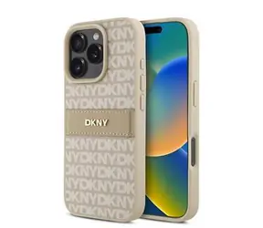 DKNY PU-Leder-Rückseite mit Wiederholungsmuster und farblich abgestimmten Streifen für iPhone 16 Pro Max, Rosa