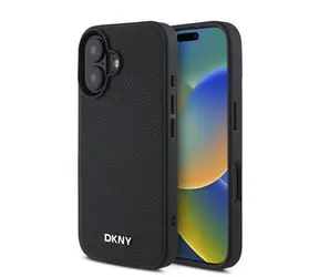 DKNY PU-Leder Silber Metall Logo Magsafe Back Cover für iPhone 16 PLUS Schwarz