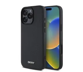 DKNY PU-Leder Silber Metall Logo Magsafe Back Cover für iPhone 16 Pro Max Schwarz
