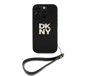 DKNY PU-Leder Stack Logo Handgelenksschlaufe Back Cover für iPhone 16 Pro Schwarz