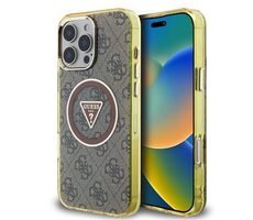 Guess IML 4G Glitter und Triangle Logo MagSafe Back Cover für iPhone 16 Pro Braun